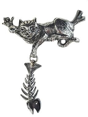 Robert Shields Vintage Silver Cat & Fishbone Pin Brooch RARE